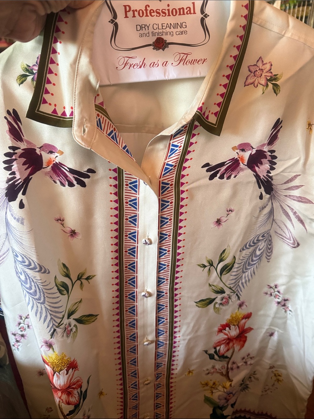 Johnny Was Cream Floral & Bird Print Button-Front Shirt